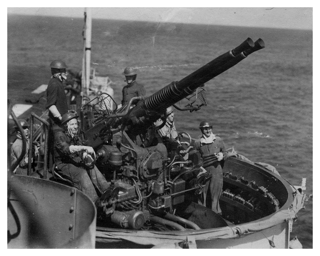Action Stations- One of Emperor’s 40mm Bofors gun crew closed up as the ship’s defences are put through their paces. Photo: Jack Price via Carl Berrington