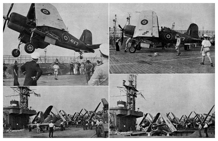 August 30th 1944: Corsair MK.IIIs belonging to 1845 naval air squadron are loaded aboard PUNCHER for ferrying to the UK.  The squadron had formed and worked up in the USA at USNAS Brunswick, Maine.