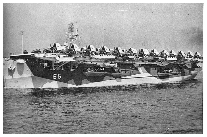 July 1944, HMS SMITER on her second ferry trip,; her flight and hanger are crammed full of Corsair aircraft for delivery to RNAMY Donniebristle. Photo: Courtesy of Terry Oxley