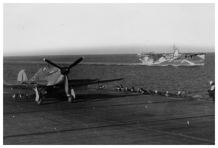 A Sea Hurricane of 824 squadron awaiting take off for a patrol, STRIKER's sister CVE HMS FENCER is sailing in formation with her.